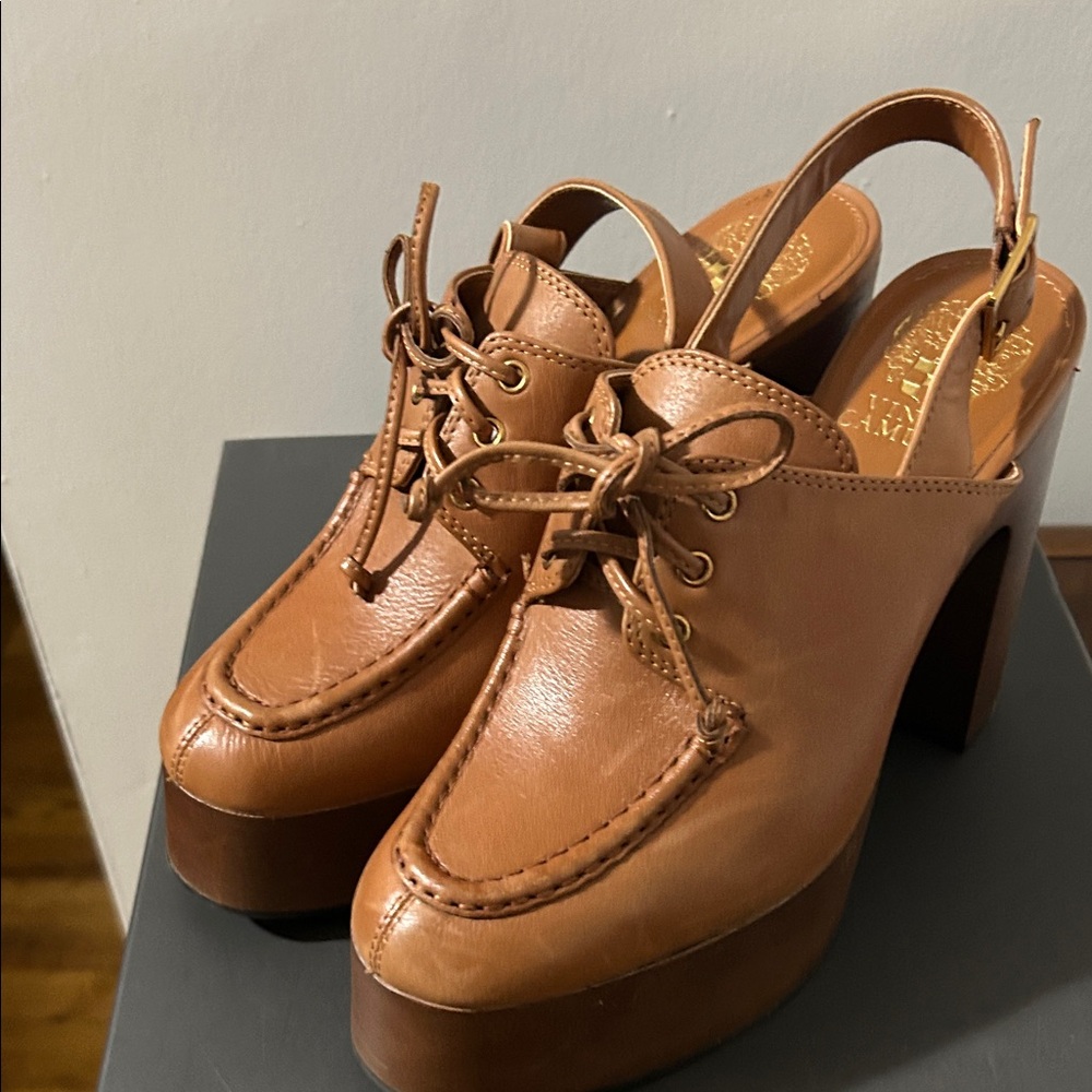 Vince Camuto Tan Leather Platform Slingbacks